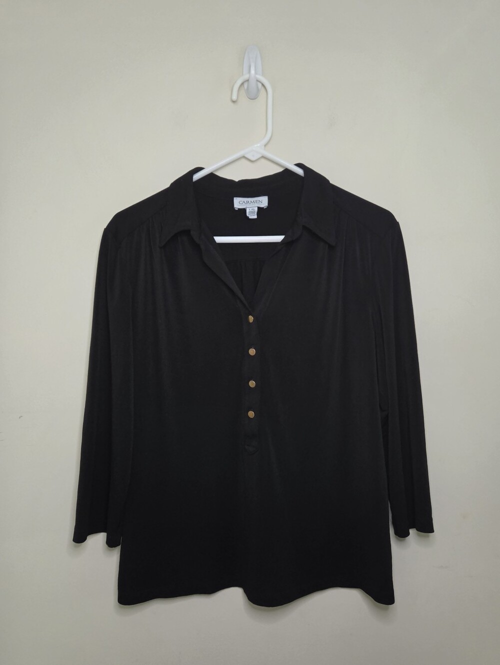 Women's Carmen Marc Valvo Black 3/4 Sleeve Partial Button Front Top Sz Large - Picture 7 of 7
